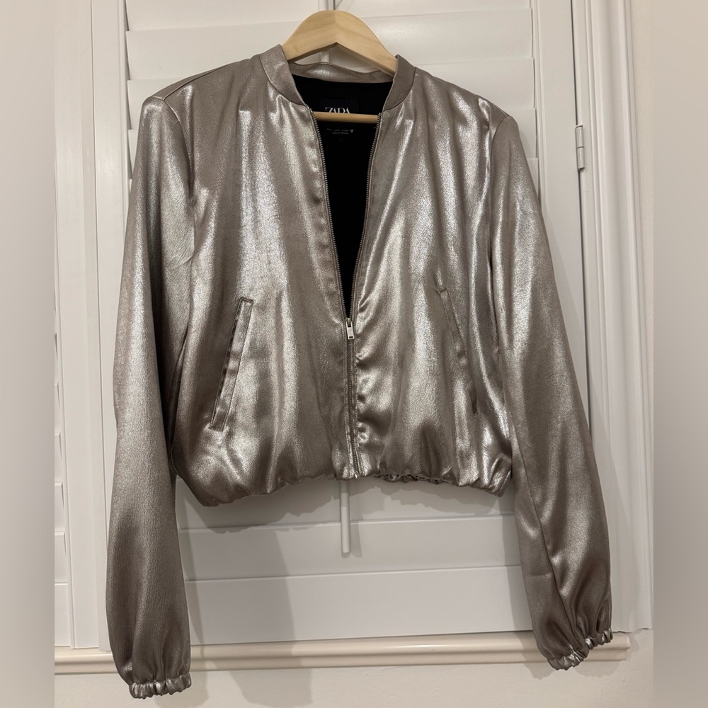 Zara Silky Shimmery Champagne Colored Cropped Jacket